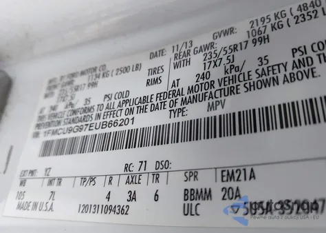 2014 Ford Escape Se from USA, damaged, VIN 1FMCU9G97EUB66201